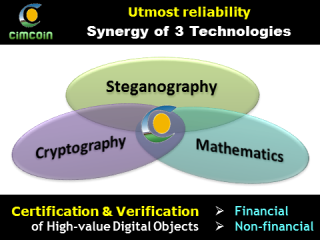 Cimcoin: breakthrough certification technology - synergy of steganography, cryptography, mathematics 