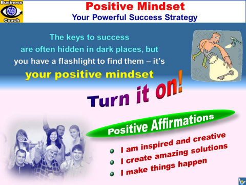 POSITIVE MINDSET infographics - Turn it on! Flashlight to find the keys to success. Positive Affirmations